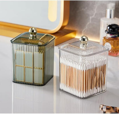 Clear Qtip Holder Dispenser for Cotton Ball and Swab Plastic with Lid Translucent Square Shape Canister Cube Jar for Bathroom Living Room Bedroom Vanity Makeup Organization (Green+Tranparent)