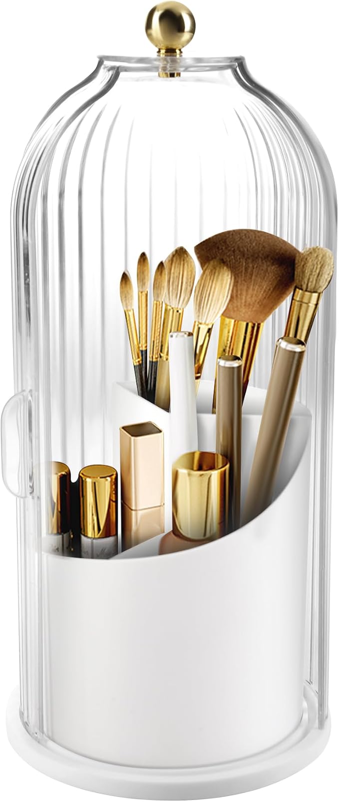 Makeup Brush Holder with Lid 360 Rotating Makeup Brush Organizer, Dustproof Waterproof Material & with 3 Compartments for Organized Storage, Dressing Tables Clear Storage Skincare Cosmetic (White)