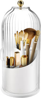 Makeup Brush Holder with Lid 360 Rotating Makeup Brush Organizer, Dustproof Waterproof Material & with 3 Compartments for Organized Storage, Dressing Tables Clear Storage Skincare Cosmetic (White)