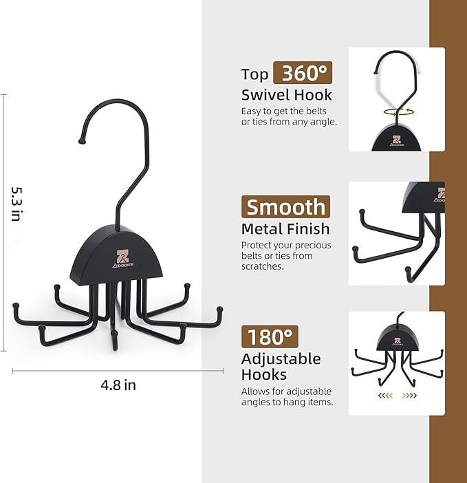 ZEDODIER 2 Pack Tie Hanger & Belt Organizer, Rotatable Tie Rack Space Saving Tie Holder with 16 Adjustable Hooks for Closet Organizers and Storage, Sturdy Belt & Tie Collection Storage, Black