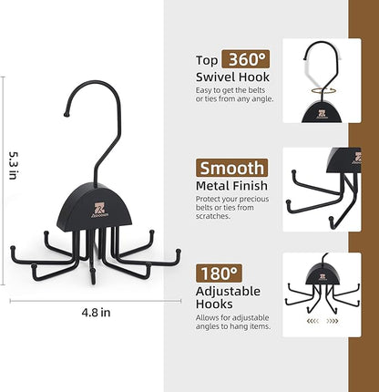ZEDODIER 2 Pack Tie Hanger & Belt Organizer, Rotatable Tie Rack Space Saving Tie Holder with 16 Adjustable Hooks for Closet Organizers and Storage, Sturdy Belt & Tie Collection Storage, Black