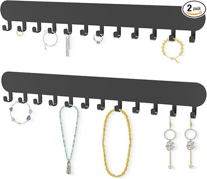 Necklace Holder - Hanging Jewelry Organizer, Self-Adhesive Wall Mounted for Necklaces, Bracelets, 2 Pack, Black