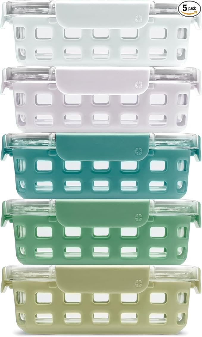 Ello Duraglass 3.4 Cup Meal Prep Sets 10Pc, 5 Pack Set- Glass Food Storage Container with Silicone Sleeve and Airtight BPA-Free Plastic Lids, Dishwasher, Microwave, and Freezer Safe, Olive Tree
