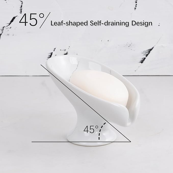 Small Soap Dish, Self Draining Bar Soap Holder for Bathroom Sink, Leaf Shaped Drainage Ceramic with Marble-Pattern Finish, Decorative Soap Dish, No Suction Cup, ANTIS'S HOME