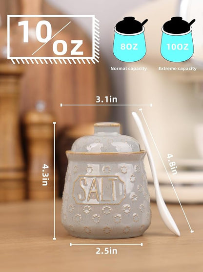 Salt & Pepper Bowl with Lid and Spoon, 10 OZ Ceramic Spices Cellar for Kitchen Counter top, Farmhouse Kitchen Decor (Vintage Grey, 4.3" Label Salt)