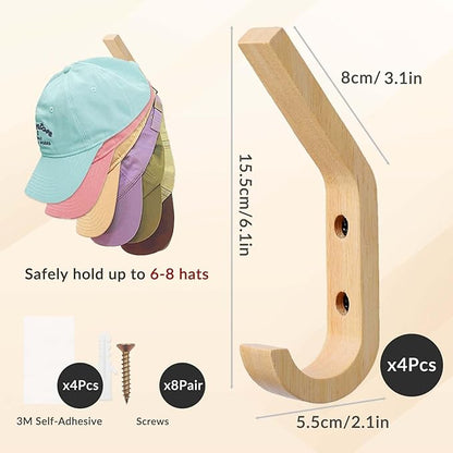 Daily Treasures 4 Pack Hats Storage Wall Mounted,Wooden Hat Rack Hook,Double Hook Design Wall Mounted for Coat,Adhesive/Wall Caps Holder Drilled for Door, Bedroom, Closet（Beech Wood）