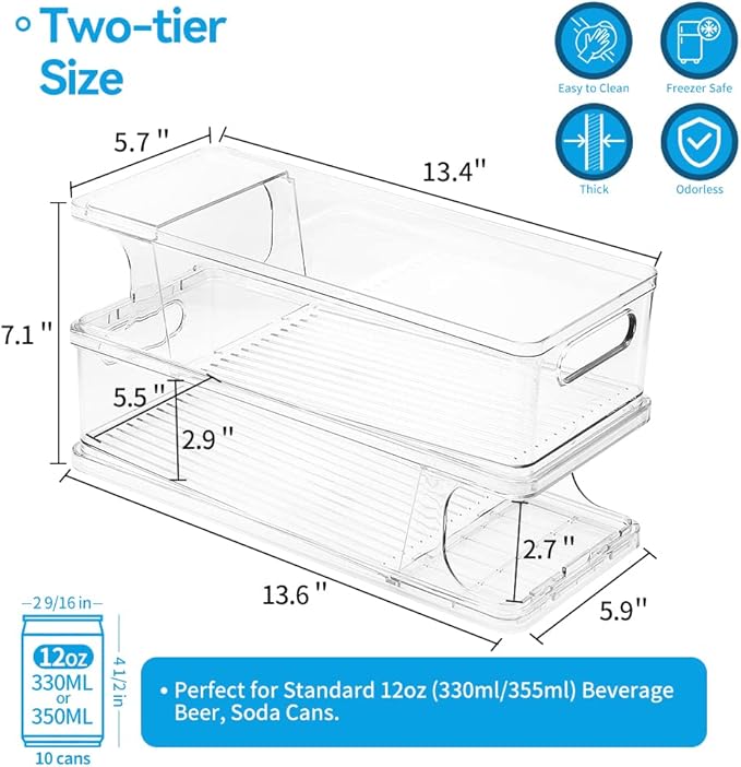 Xicennego 2-Tier Stackable Soda Can Organizer for Refrigerator, Fridge Can Organizer Dispenser, Beverage Can Holder for Refrigerator, Pantry, Cupboard