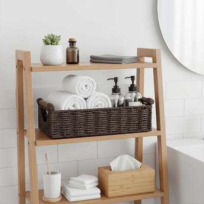 CubesLand Wicker Toilet Storage Basket Tray Organizer W/Cut Out Handle, Slim Decorative Basket for Countertop, Shelves And for Versatile Home Decor, Living Room, Nursery Organization, Brown