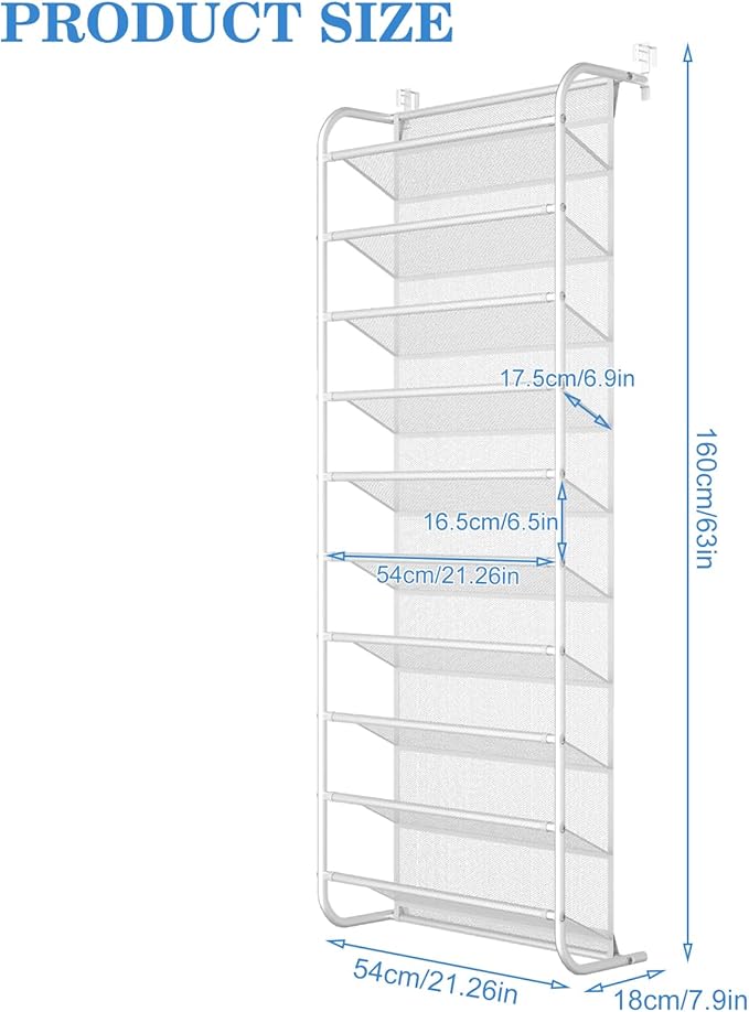 AQQHSAIN 10 Tier Over The Door Shoe Organizer Wall Shoe Shelf Shoe Holder Door Shoe Rack for Closet Pantry Hanging Shoes Clothes Toys Storage Shelves (White)