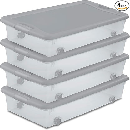 Sterilite 4-Pack 56 Quart Wheeled Latching Box, Underbed Plastic Storage Organizer, Silver - Under Bed Rolling Container Bin with Lid and Wheels for Home or Dorm Bedrooms and Closets
