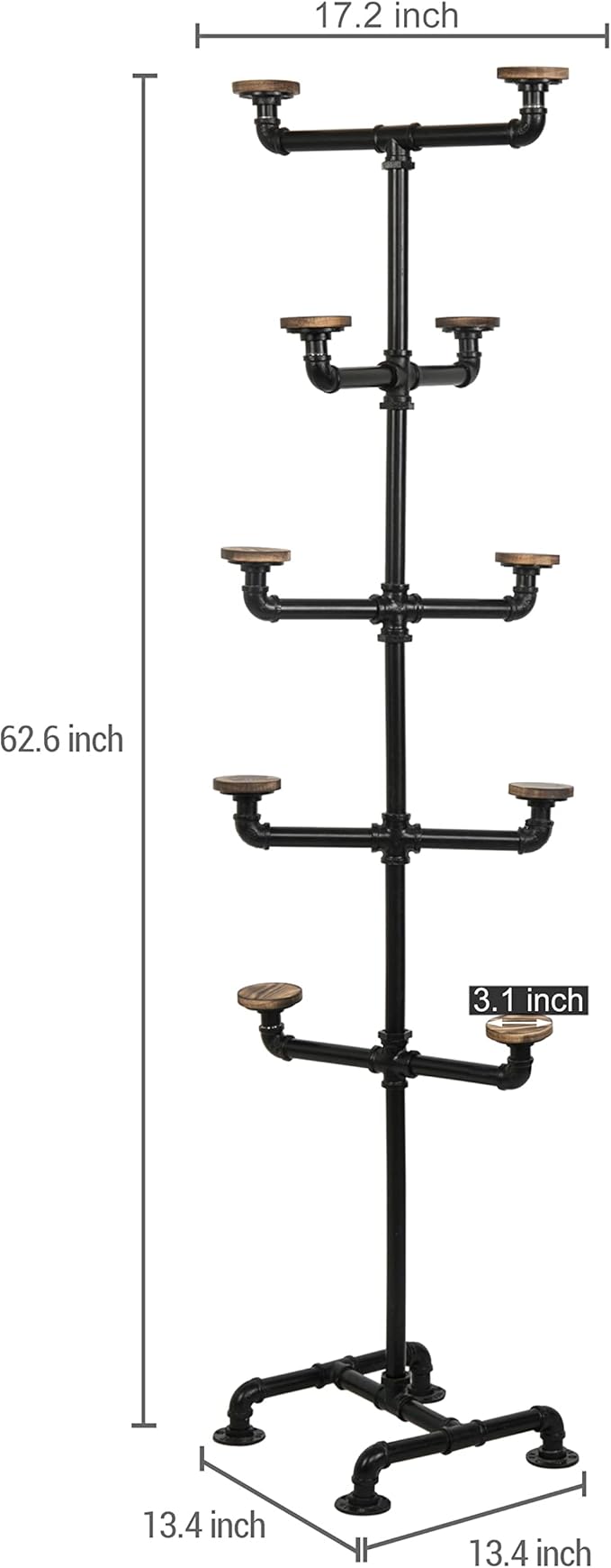 MyGift Hat Rack Stand,Standing Hat Organizer Tree, Baseball Caps Cowboy Hat Display, Industrial Black Metal Pipe Rack with 10 Round Rustic Burnt Wood Hanger Hooks