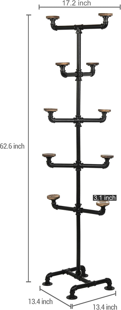 MyGift Hat Rack Stand,Standing Hat Organizer Tree, Baseball Caps Cowboy Hat Display, Industrial Black Metal Pipe Rack with 10 Round Rustic Burnt Wood Hanger Hooks