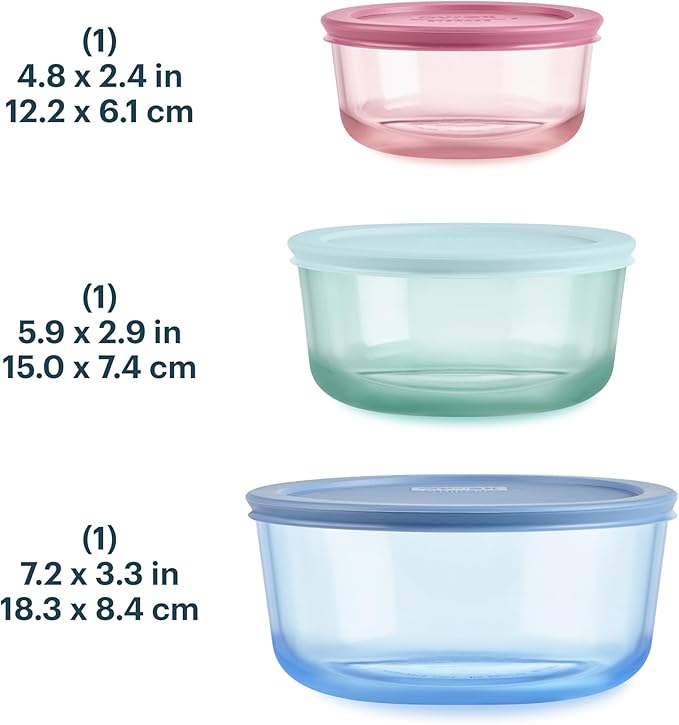 Pyrex Colors (3-Pack, Medium) Tinted Glass Round Food Storage Container Set, Snug Fit Non-Toxic Plastic BPA-Free Lids, Freezer Dishwasher Microwave Safe, 2 Cup, 4 Cup & 7 Cup