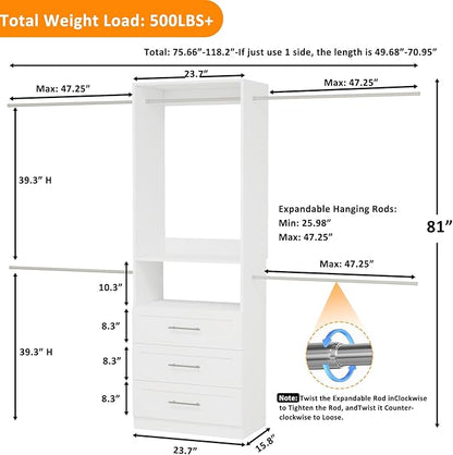 5–9FT Closet System with 3 Wood Drawers, Closet Organizer System with 5 Expandable Hanging Rods, Walk-in Closet System with Shelves, Wall Mounted Built-in Closet Organization System