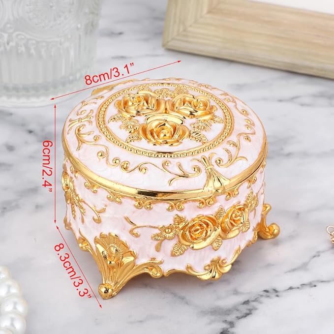 Retro round jewelry box creative small accessory storage box metal chest ring box collection commemorative box earring box earring necklace storage box women's gift small (Beige)