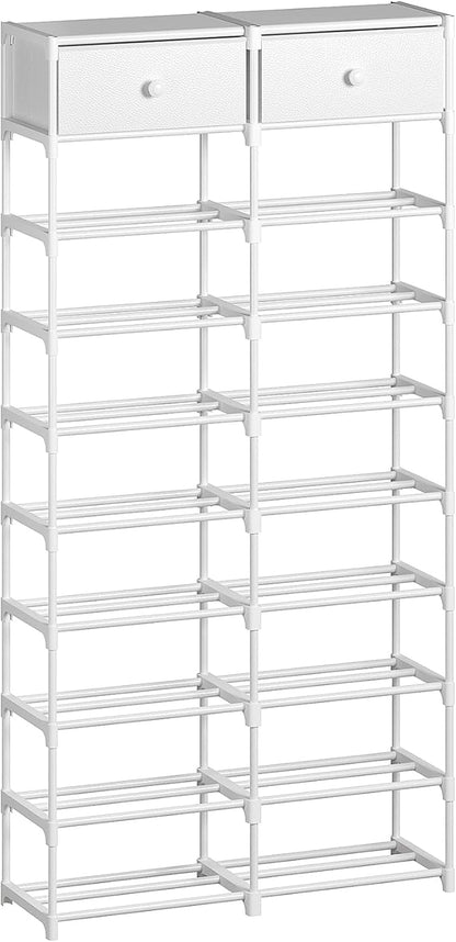 Tall Shoe Rack, 10 Tier Shoe Rack Organizer with 2 Large Drawers, Shoe Storage for 36-40 Pairs, Sturdy Metal Shoe Shelf Shoe Stand for Closet Entryway, White