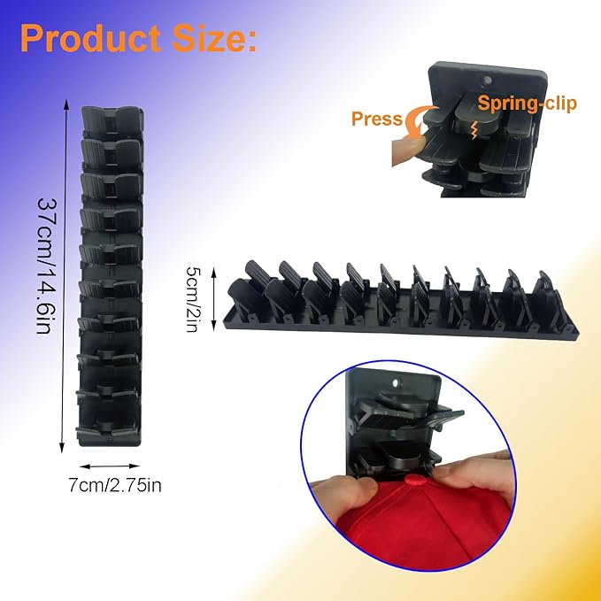 Wall Mounted Hat Rack for Baseball Caps - 2 Packs, 20 Capacity Hat Organizer, Space Saving Hat Storage Rack for Closet, Door, Wall, Baseball Cap Display Hanger for Hat Collection, Black