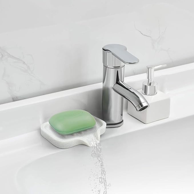 Self Draining Soap Dish for Shower and Bathroom Sink - Large Marble Resin Soap Holder with Drain, Non Slip Soap Tray for Bar Soap, Kitchen & Bathroom Counter