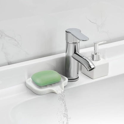 Self Draining Soap Dish for Shower and Bathroom Sink - Large Marble Resin Soap Holder with Drain, Non Slip Soap Tray for Bar Soap, Kitchen & Bathroom Counter