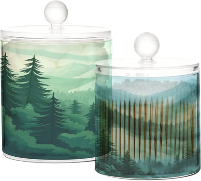 2 Pack Qtip Dispenser Apothecary Jars with Lids Cotton Round Holder Bathroom Canisters for Cotton Swab Floss Ball Pads Clear Plastic Decorative Mountain Forest Trees Green