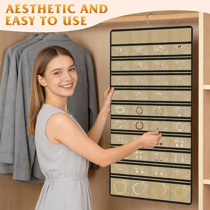 Hanging Jewelry Organizer 1 pack, Double-Sided,Multi-pocket-48 Pockets + 8 hook for Earrings/Necklaces/Rings/Bracelets, Sturdy Hooks fits Closet/Wall/Door, Gift for Women