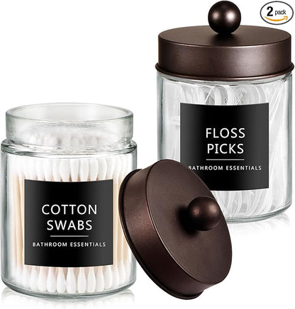 SheeChung Qtip Dispenser Holder 2pcs, Glass Apothecary Jars with Stainless Steel Lids &Stickers, Countertop Canister Guest Bathroom Storage Organizer Set for Cotton Swabs/Balls, Floss Picks(Bronze)