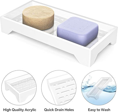 NiHome Self Draining Acrylic Soap Dish Fit for Kitsch, Durable Bathroom & Kitchen Soap Holder with 360° Airflow, Elegant Slotted Design to Keep Soap Bars Dry & Free from Residue, Easy to Clean (White)