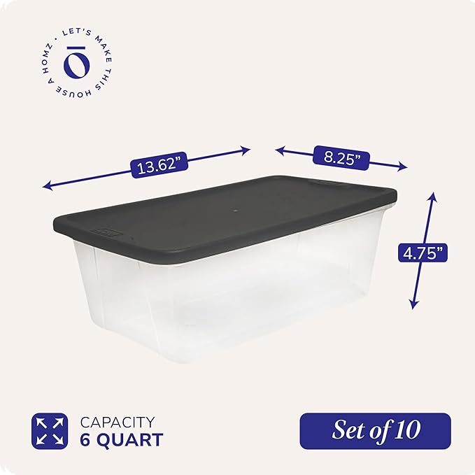 HOMZ 10-Pack Snaplock, Small Clear Plastic Storage Organizer Bins w/Lids, 6 Quart, Gray - Stackable Container Boxes for Bedroom, Bathroom, Garage, and Office Organization