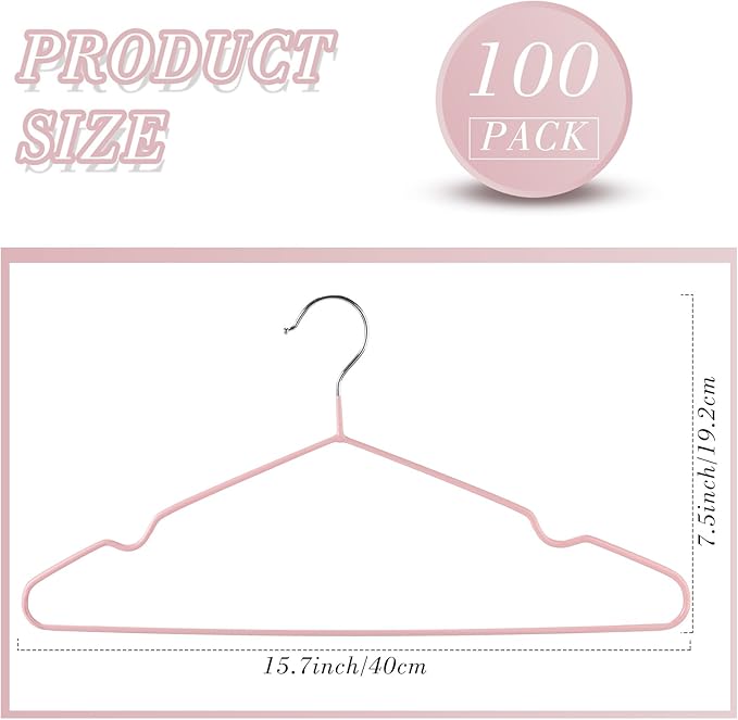 Wesiti 100 Pcs Metal Wire Non Slip Hangers for Clothes Space Saving Hanger Strong 15.7 in Triangle Clothes Coat Suit Bridal Boutique Dress for Closet Dorm Rack(Pink)