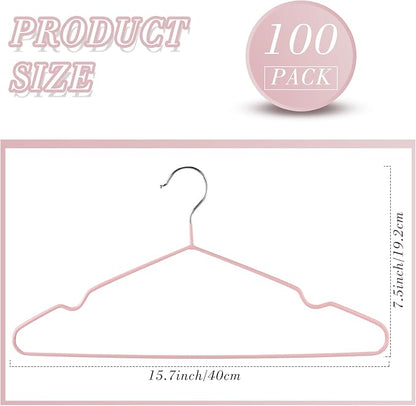 Wesiti 100 Pcs Metal Wire Non Slip Hangers for Clothes Space Saving Hanger Strong 15.7 in Triangle Clothes Coat Suit Bridal Boutique Dress for Closet Dorm Rack(Pink)