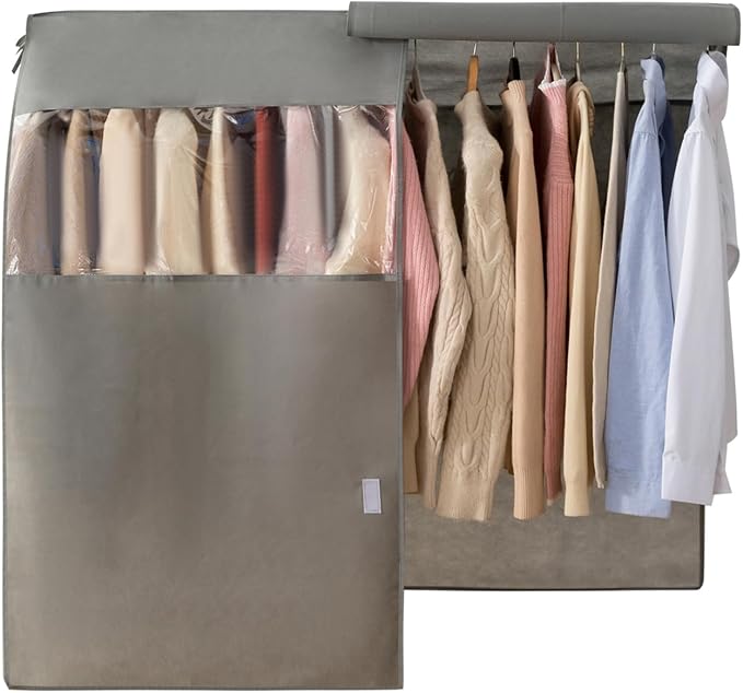 Non woven clothing cover with transparent window, suitable for hanging clothing storage protectors for dresses, tops, and outerwear (Ecru, 34inch*2Pack)