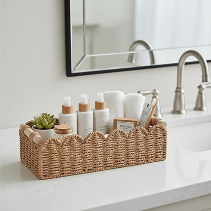 CubesLand Paper Rope Scalloped Edge Toilet Paper Storage Basket, Small Living Room, Bedroom Decor Baskets for Over Toilet Storage Shelf, End Table, Shelves and More, with 2 Wooden Handle, Neutral