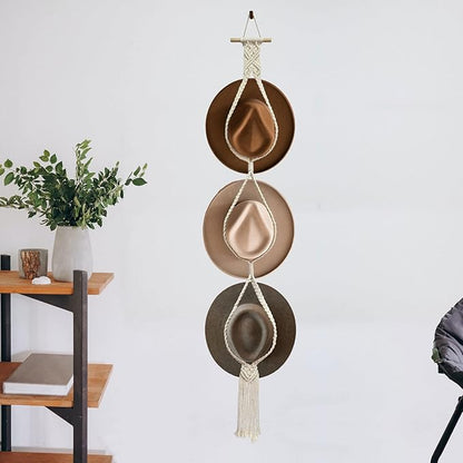 Besoamo Bohemian Hat Hangers Hat Organizer for Wall, Macrame Woman Hat Rack Hat Holder for Wall Hanging, Hand Weaving Boho Hat Holder Decorative Cap Organizer for Wide Brim Caps (Three Hats Style)