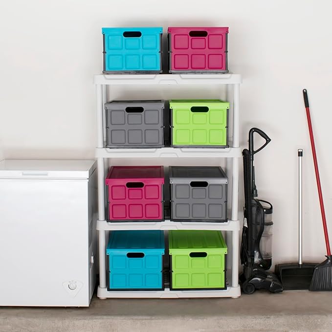 Glad Collapsible Storage Bin with Lid - 48L Foldable Plastic Box for Garage, Car Trunk, and Organization - Stackable Lidded Container with Handles, Purple