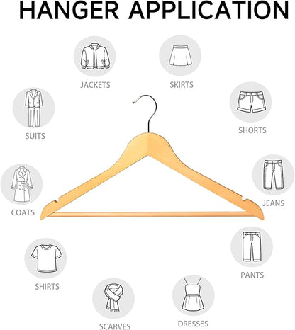 Quality Wooden Clothes Hangers, Solid Wood Suit & Coat Hangers with Pants Bars, Swivel Hook, Shoulder Notches, Heavy Duty Hangers for Shirts, Jackets, Dresses & Trousers(Natural Wood/12-Pack)