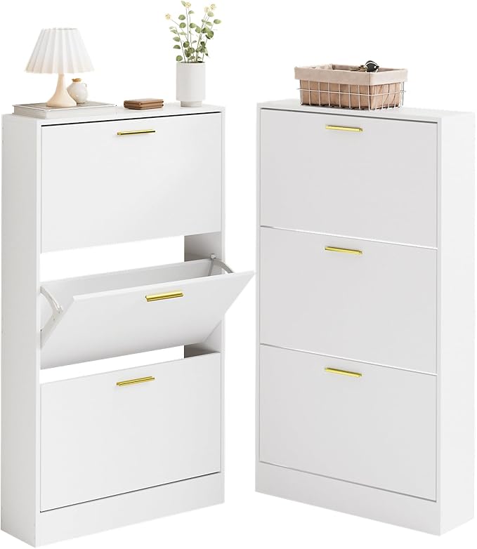 LYNSOM Shoe Cabinet, Free Standing Tipping Bucket Shoe Rack Organizer with 3 Flip Drawers, Modern Entryway Shoe Storage with Top Display, Narrow Slim Hidden Shoe Cabinet (White)