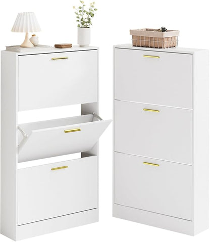 LYNSOM Shoe Cabinet, Free Standing Tipping Bucket Shoe Rack Organizer with 3 Flip Drawers, Modern Entryway Shoe Storage with Top Display, Narrow Slim Hidden Shoe Cabinet (White)