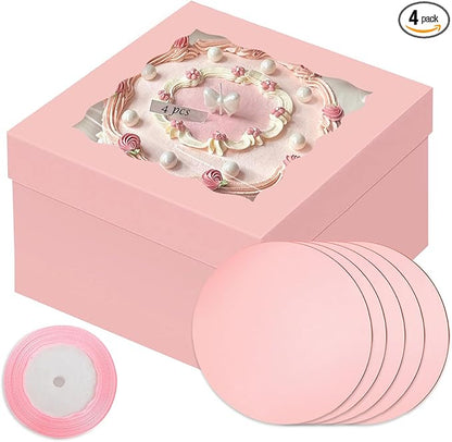 qiqee Pink 10x10x8 Cake Box, 4 Sets Cake Box with Window ＆ 4 Sets 10" Cake Round Boards, 10inch Cake Containers, 10 Meters Pink Silk Ribbon Includes