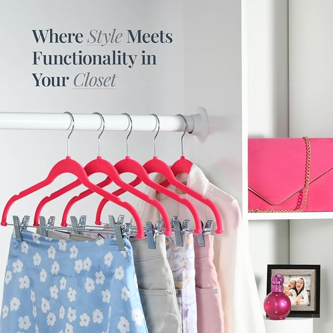 Home-it 10 Pack Clothes Hangers with clips - PINK Velvet Hangers - made for skirt hangers - Clothes Hanger - pants hangers - Ultra Thin No Slip