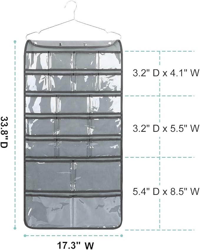 Dual Sided Hanging Organizer for Jewelry Makeup Storage Closet Organizers for Bows Socks Underwear with 42 Clear Pockets (GREY)