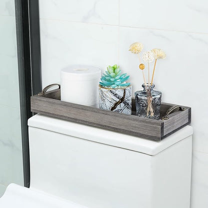 MyGift 16 Inch Vintage Gray Wood Toilet Tank Tray Organizer - Bathroom Vanity Rectangular Storage Tray with Antique Brass Tone Metal Handles