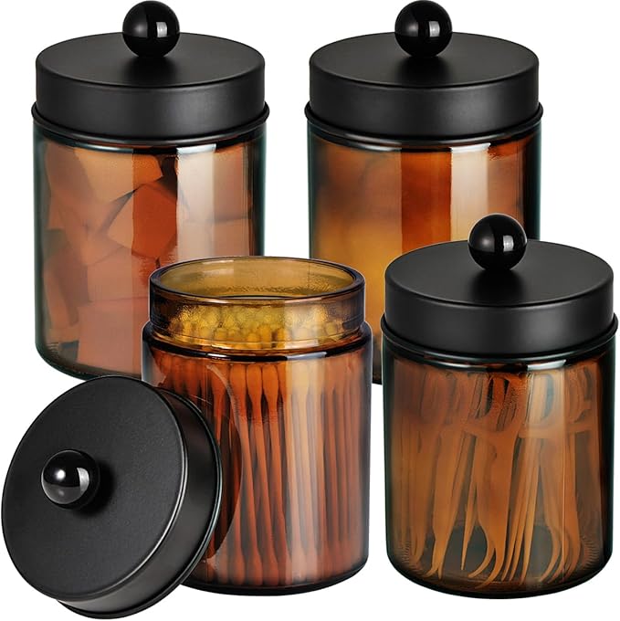 Amolliar Amber Glass Qtip Holder, Apothecary Jars with Matte Black Metal Lid & Stickers-Bathroom Qtip Dispenser Storage Organizer Set,Vanity Counter Canister for Cotton Swabs,Round Pads,Floss (4 Pack)