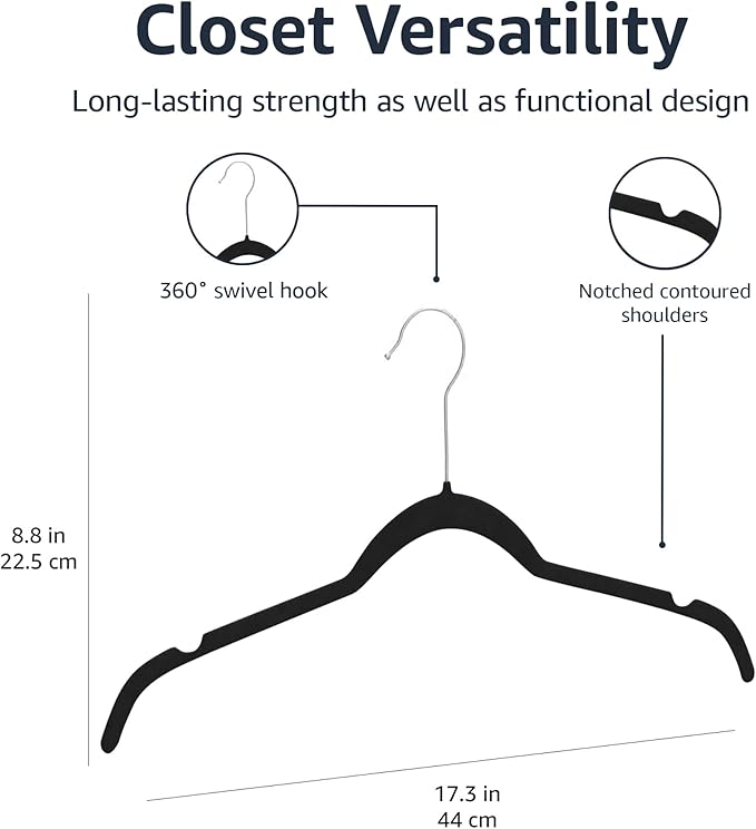 Amazon Basics Space-Saving Slim Velvet Non-Slip Clothes Hangers for Closet Organization with Shoulder Notches, Black/Silver, 30-Pack