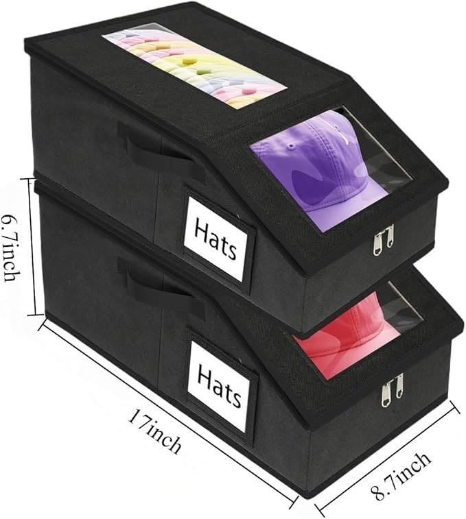 2-Pack Stackable Hat Organizer for Closet, Holds 30+ Baseball Caps, Clear Window View with Sturdy Cardboard Inserts, Snapback Hat Box Storage for Men & Women (Black)