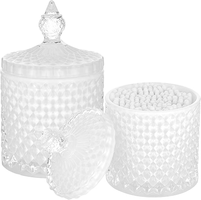 rejomiik 2 Pack Qtip Holder Thick Glass Apothecary Jars with Lid for Bathroom Decor Storage Organizer for Cotton Swabs, Balls, Pads, Floss Picks, Candy, Jewelry, White