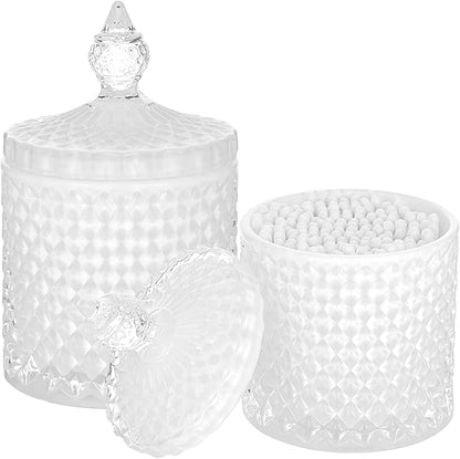 rejomiik 2 Pack Qtip Holder Thick Glass Apothecary Jars with Lid for Bathroom Decor Storage Organizer for Cotton Swabs, Balls, Pads, Floss Picks, Candy, Jewelry, White