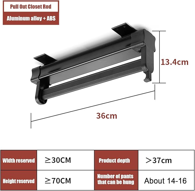 Heavy Duty Retractable Pull Out Pants Rack,Aluminum Alloy Pull Out Closet Valet Rod,Extendable Wardrobe Rail Tube for Hanging Clothes, Top Mount (Color : Black, Battery *1 : 36cm)