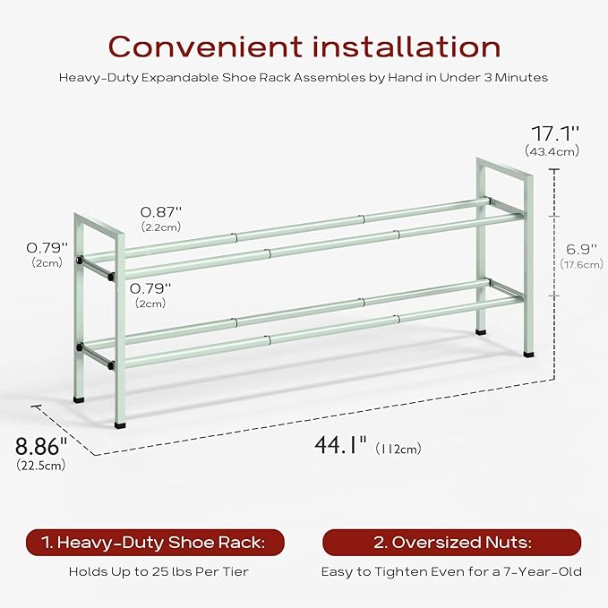Bumusty 2-Tier Long Expandable Shoe Rack for Closet, 18"-44" Adjustable Shoe Rack for Entryway, 10-12 Pairs Large Shoe Organizer Shelf Storage, Sturdy Metal, Green