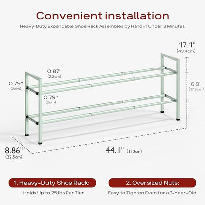 Bumusty 2-Tier Long Expandable Shoe Rack for Closet, 18"-44" Adjustable Shoe Rack for Entryway, 10-12 Pairs Large Shoe Organizer Shelf Storage, Sturdy Metal, Green