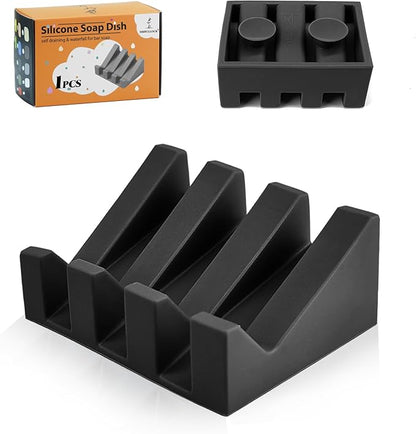 Self Draining Silicone Soap Dish with Suction Cups - Non-Slip Bar Soap Holder for Shower & Kitchen, Waterfall Tray Keeps Soap Dry, Easy Clean, Extends Soap Life (Black, 1 Pack)
